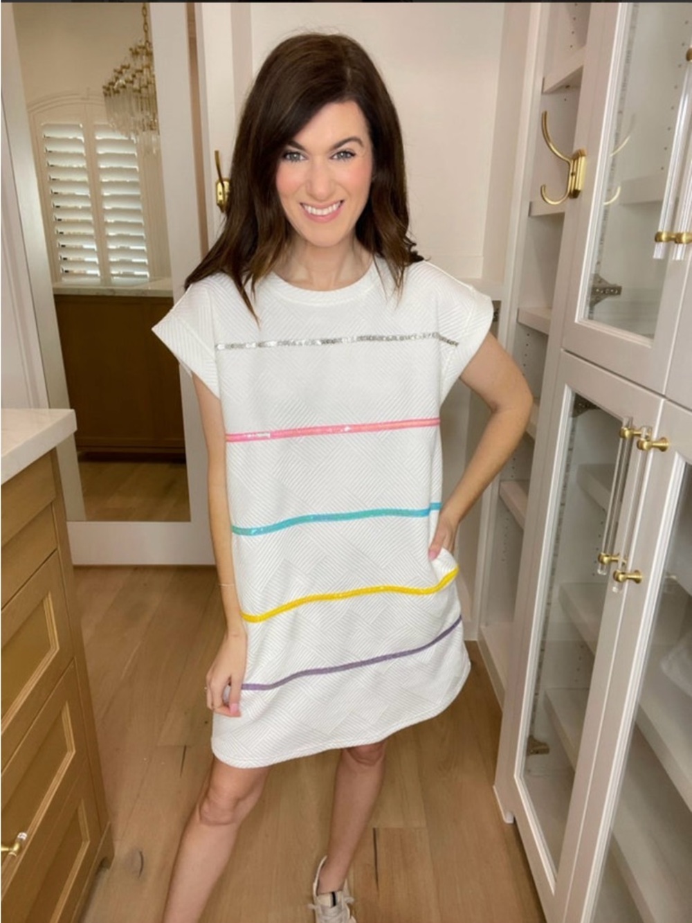 Entro White Textured Shift Dress with Pastel Sequin Stripe Accents - Picture 5 of 7